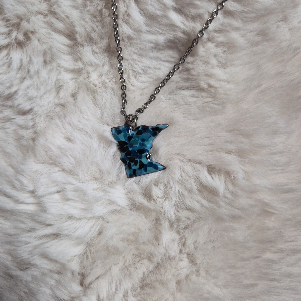Minnesota Necklace State Shape Blue Silver Tone Chain Pride Handmade MN Love ✨️